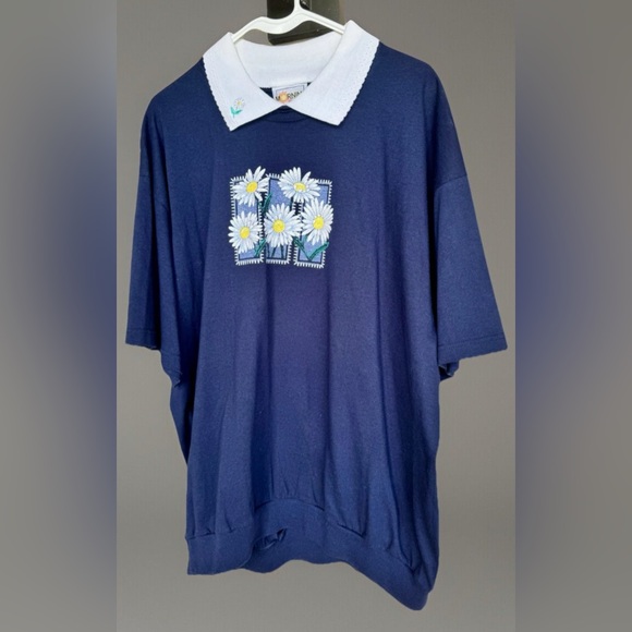 Morning Sun Womens Navy Floral Short Sleeve Sweatshirt Collar Vintage 80s Sz 2X - Picture 1 of 16